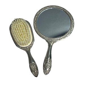 Vintage Mirror Brush Set Dressing Table Vanity Silver Plated Ornate Floral Vine